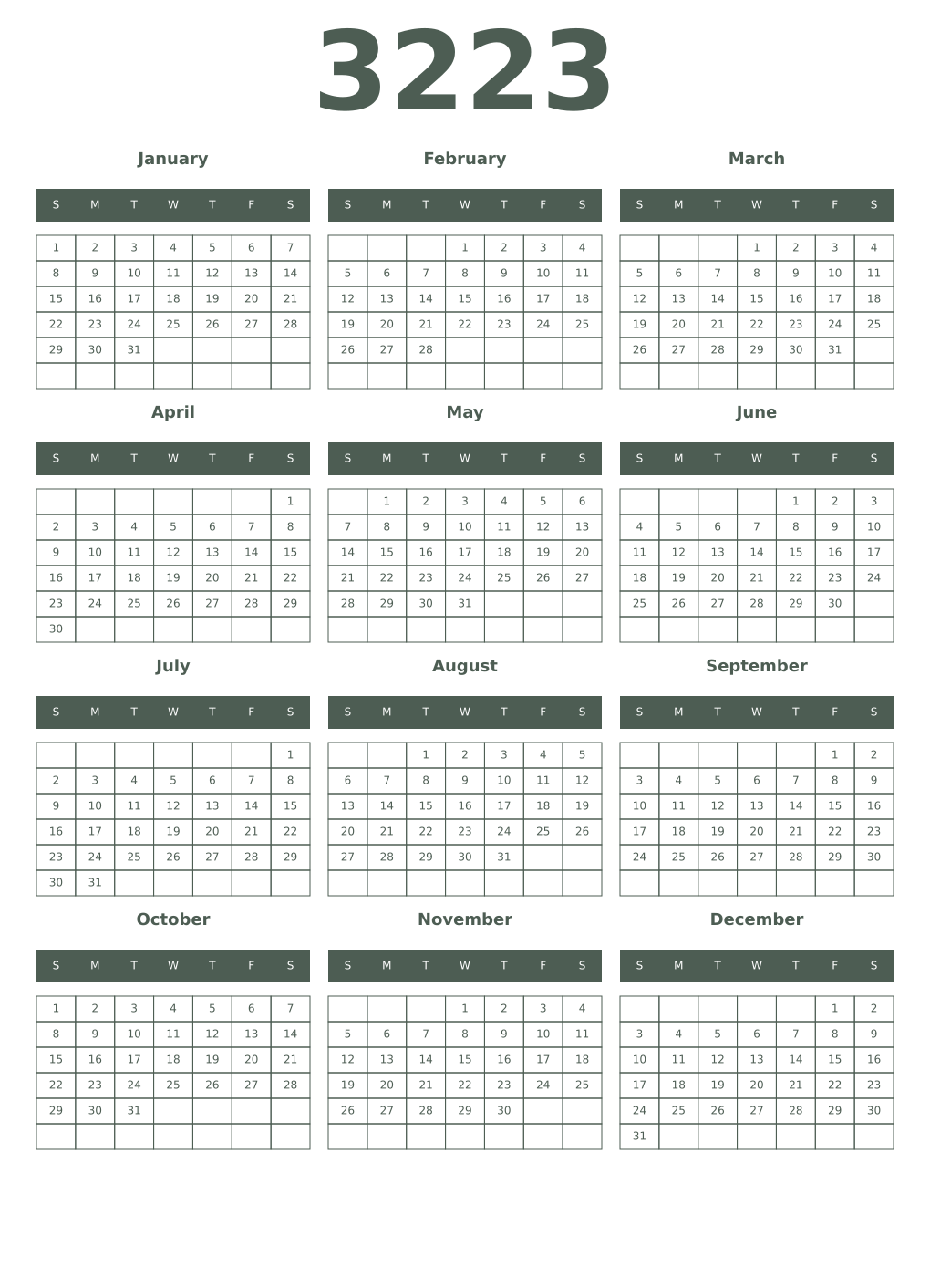 Printable 3223 Year Calendars feldgrau
