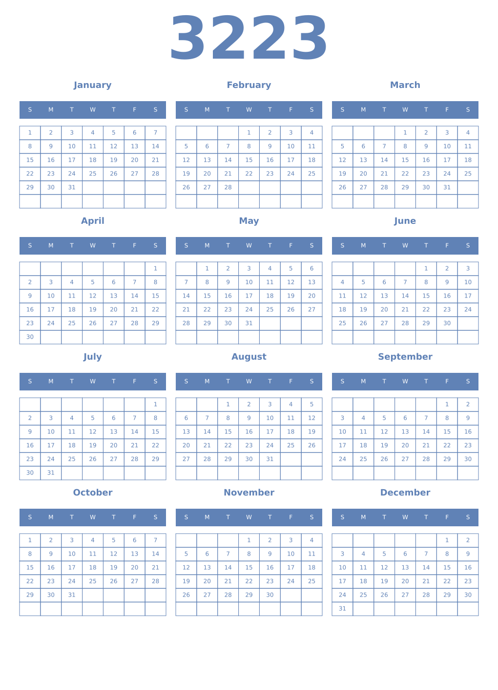 Printable 3223 Year Calendars glaucous