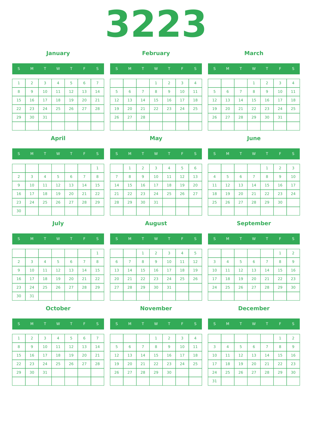 Printable 3223 Year Calendars green