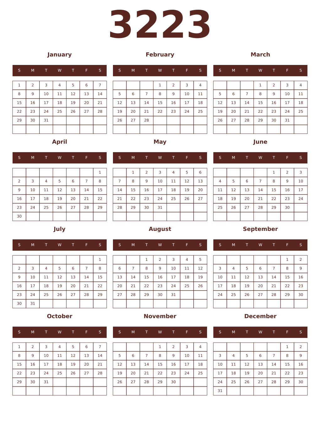 Printable 3223 Year Calendars mortuum