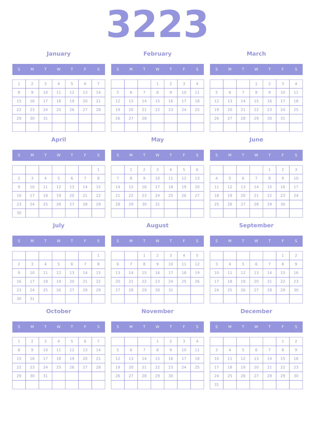 Printable 3223 Year Calendars periwinkle