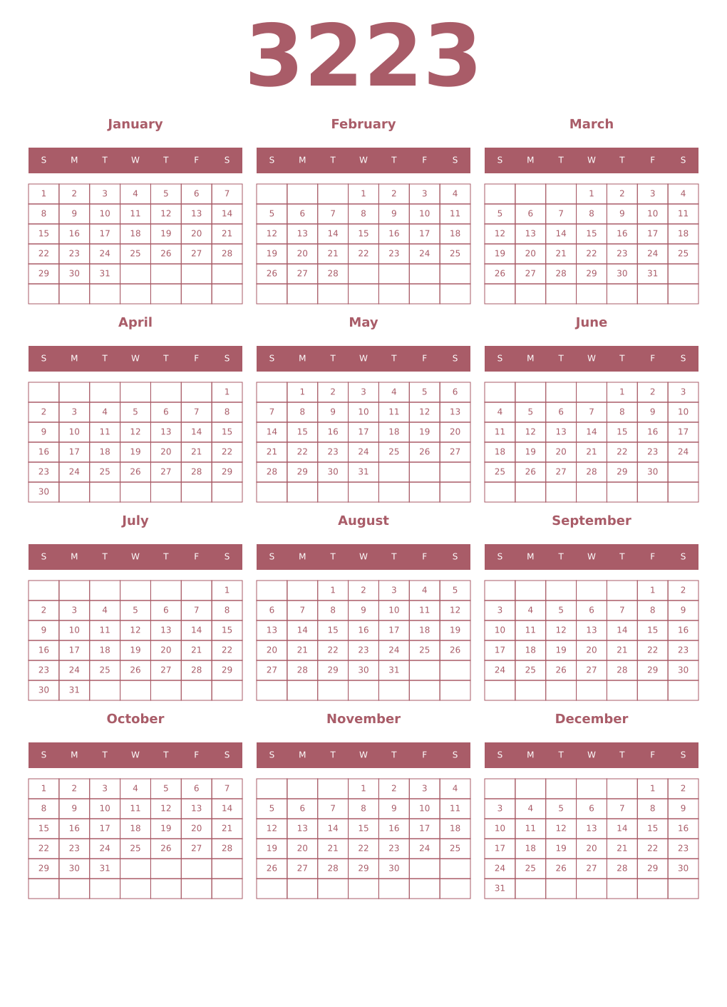 Printable 3223 Year Calendars puce