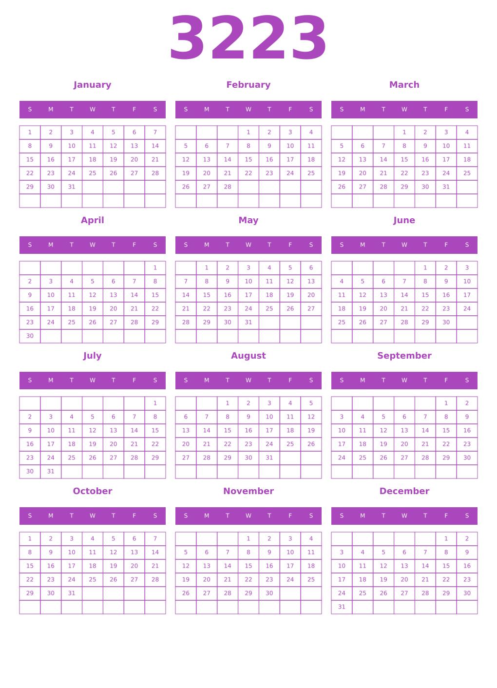 Printable 3223 Year Calendars purple