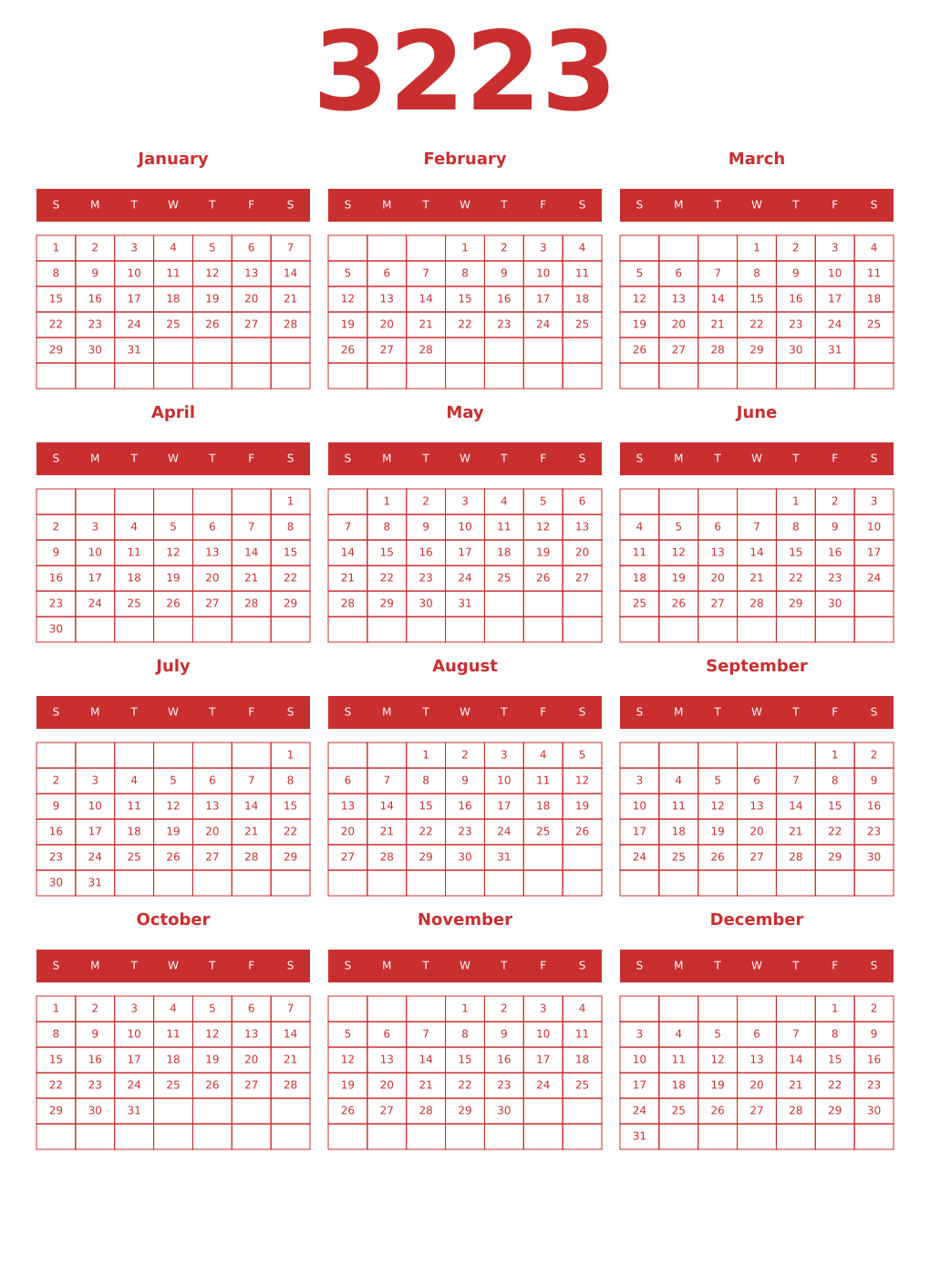 Printable 3223 Year Calendars red