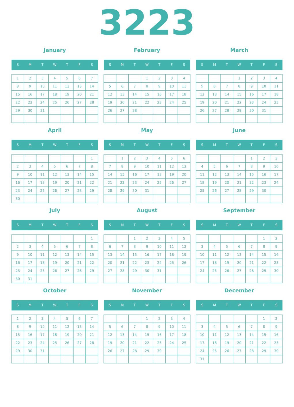 Printable 3223 Year Calendars verdigris