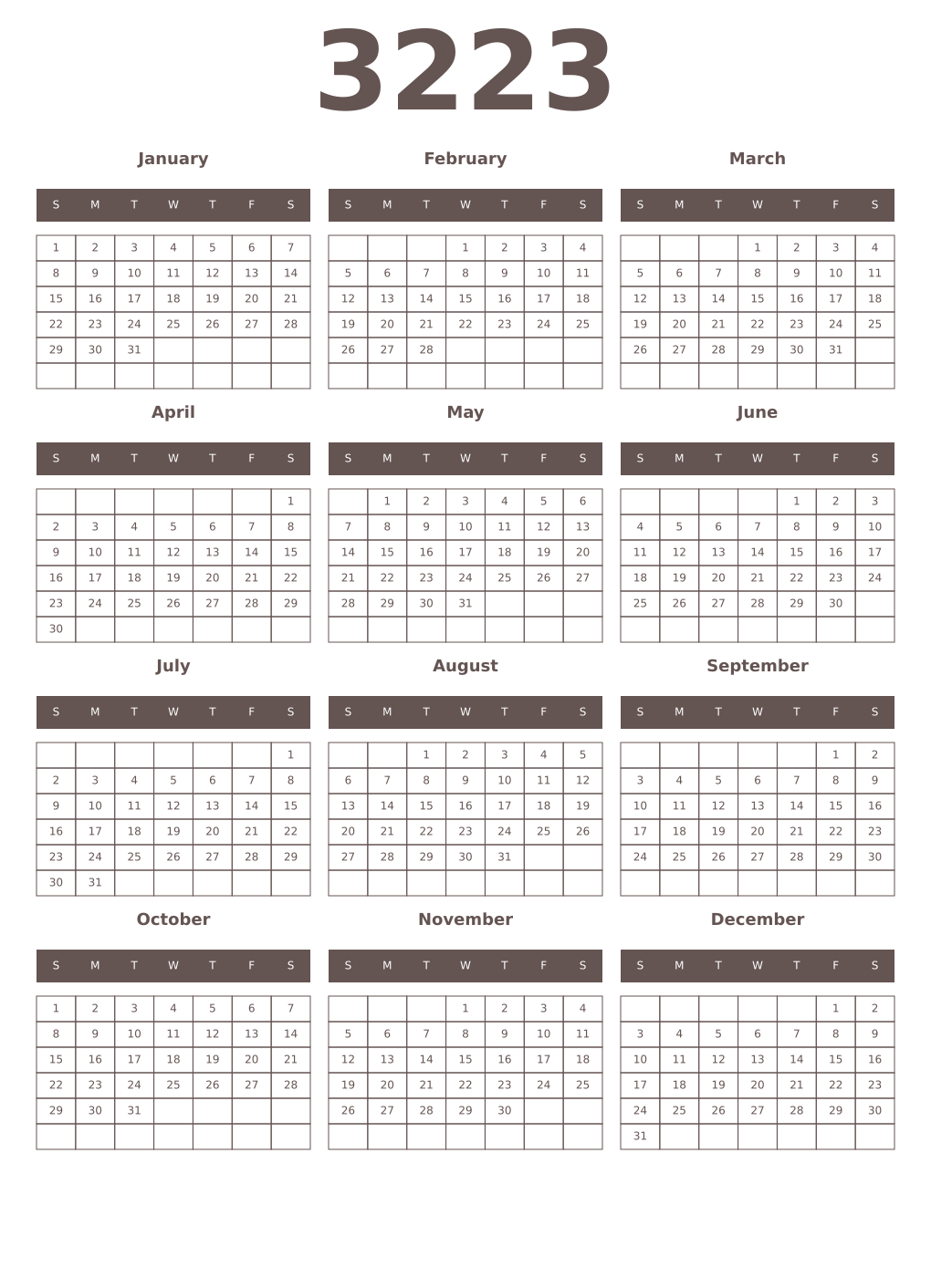 Printable 3223 Year Calendars wenge