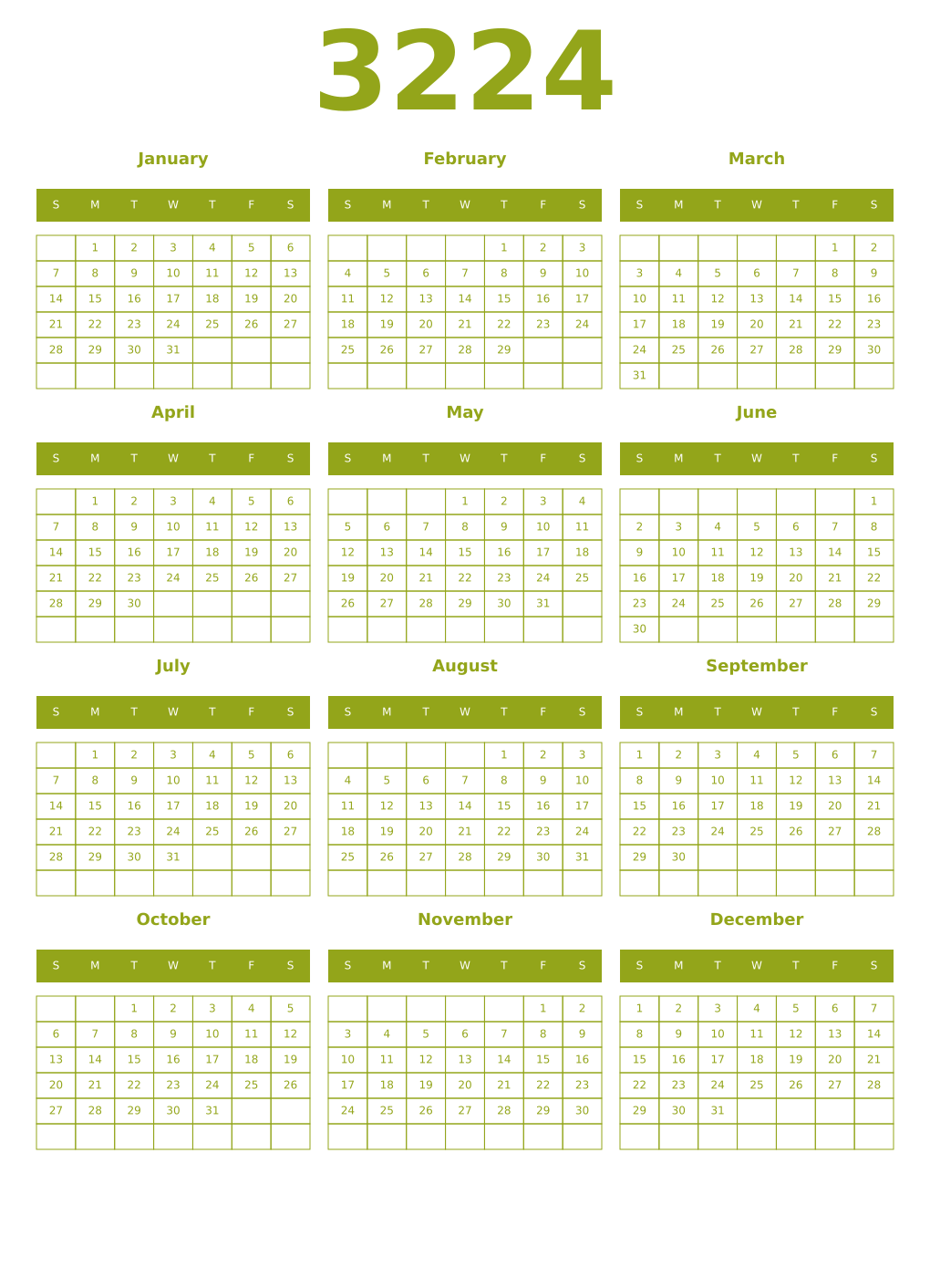 Printable 3224 Year Calendars chartreuse