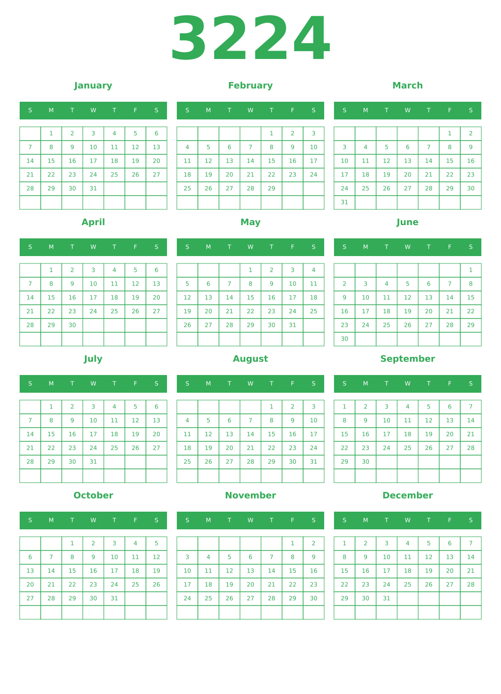 Printable 3224 Year Calendars green