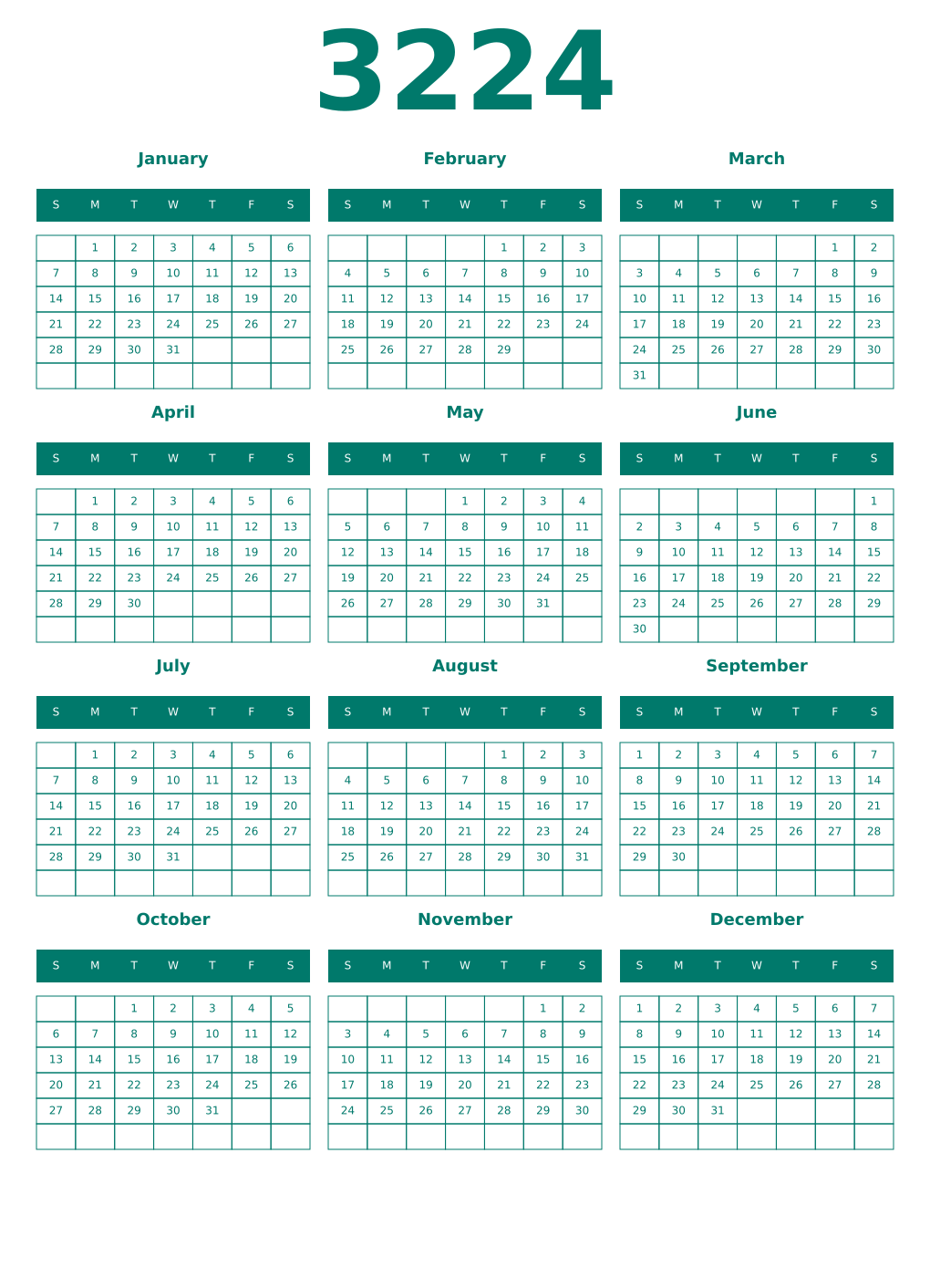 Printable 3224 Year Calendars pastel