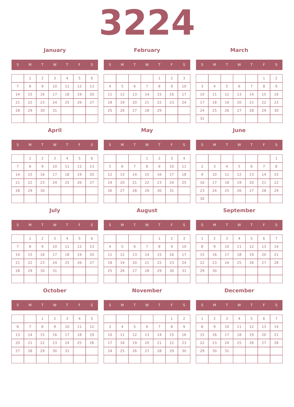 Printable 3224 Year Calendars puce