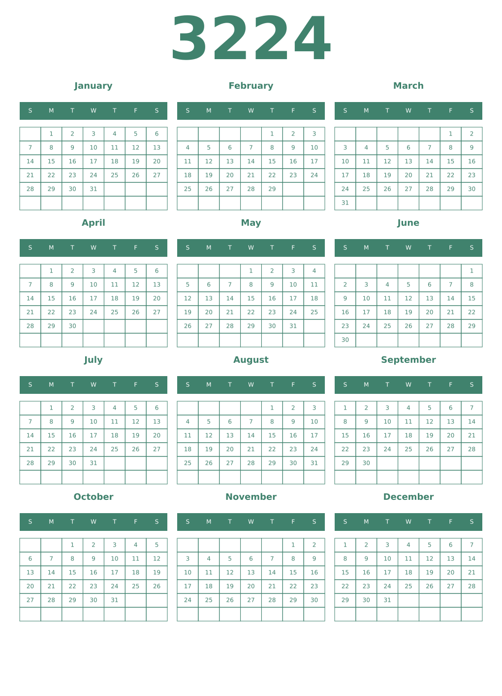 Printable 3224 Year Calendars viridian