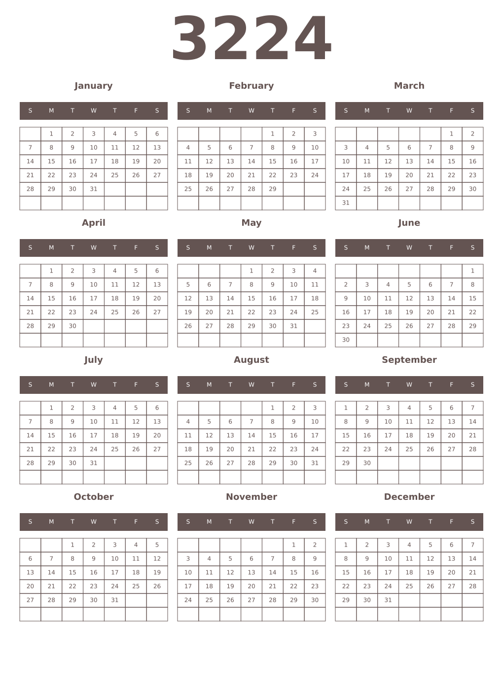 Printable 3224 Year Calendars wenge