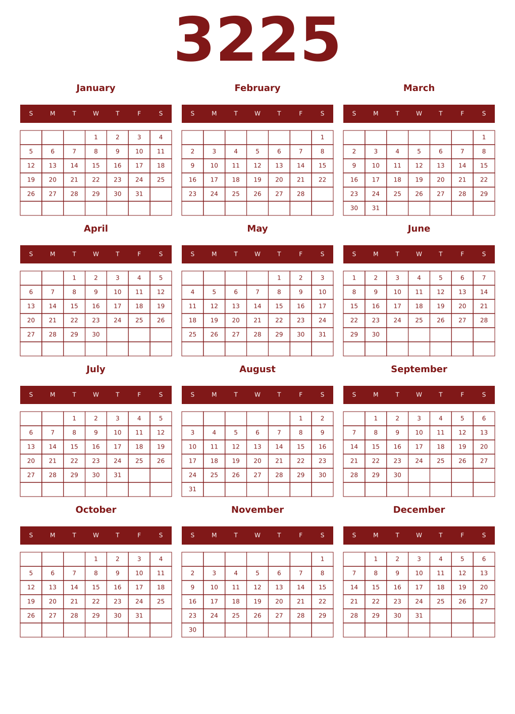 Printable 3225 Year Calendars falu