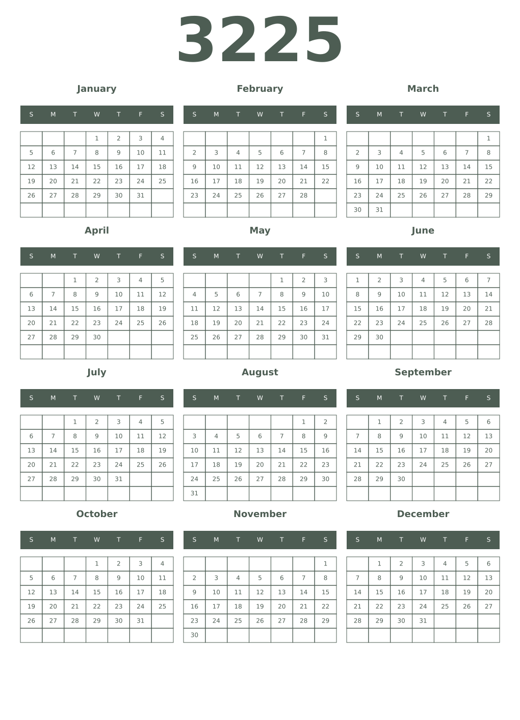 Printable 3225 Year Calendars feldgrau
