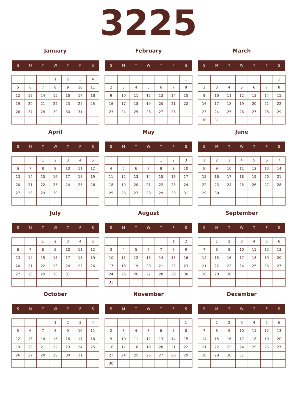 Printable 3225 Year Calendars mortuum