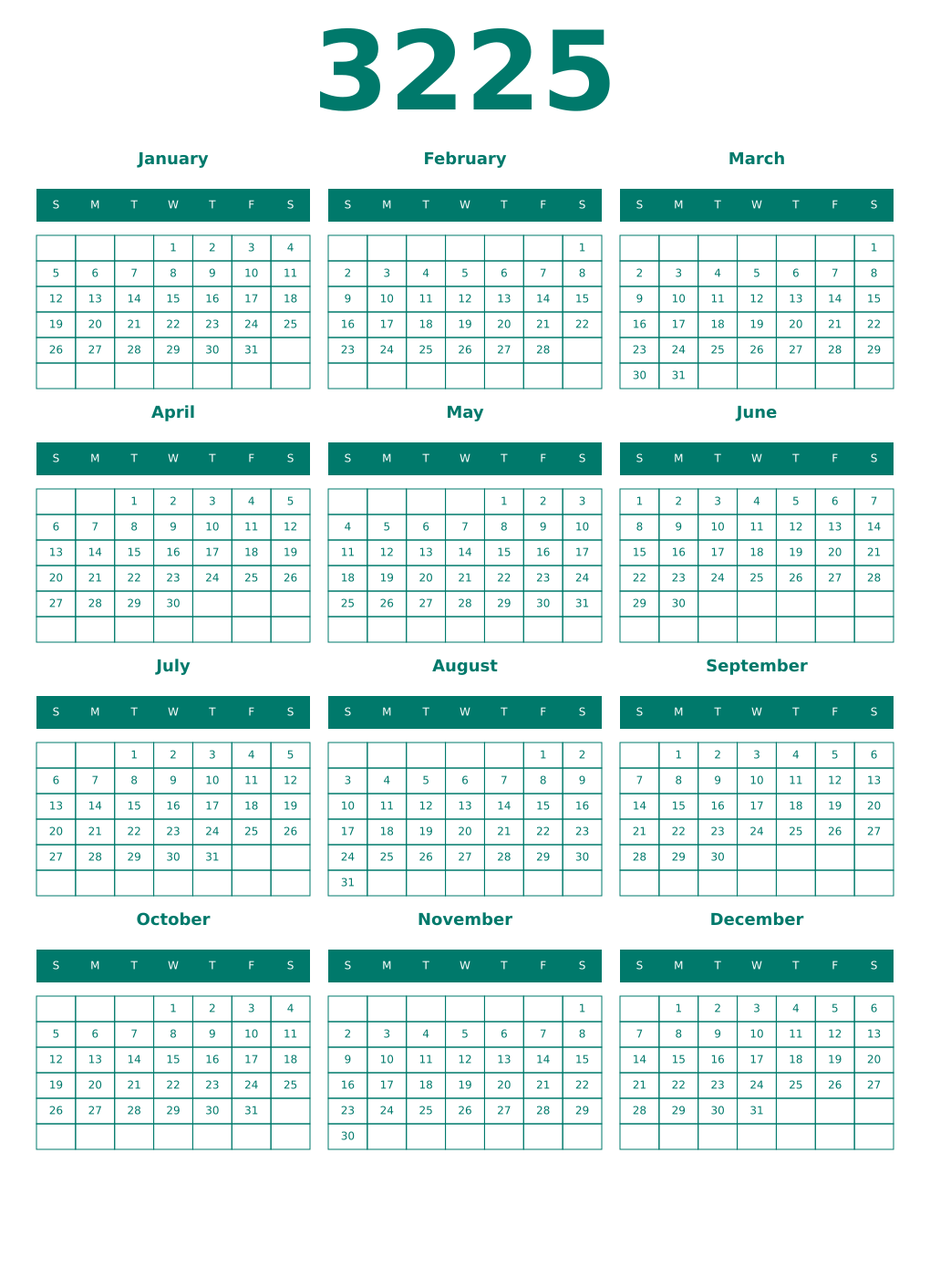 Printable 3225 Year Calendars pastel