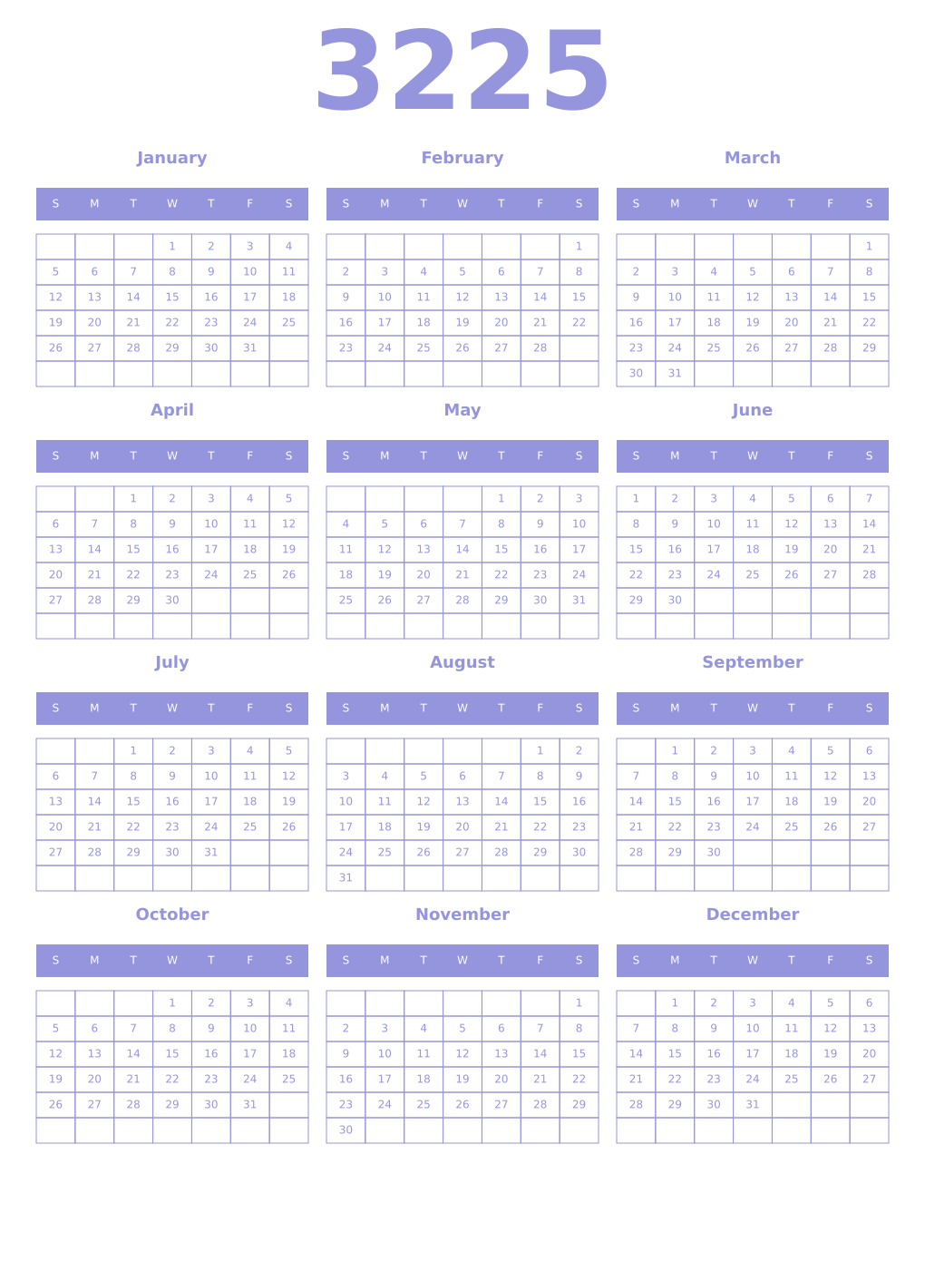 Printable 3225 Year Calendars periwinkle