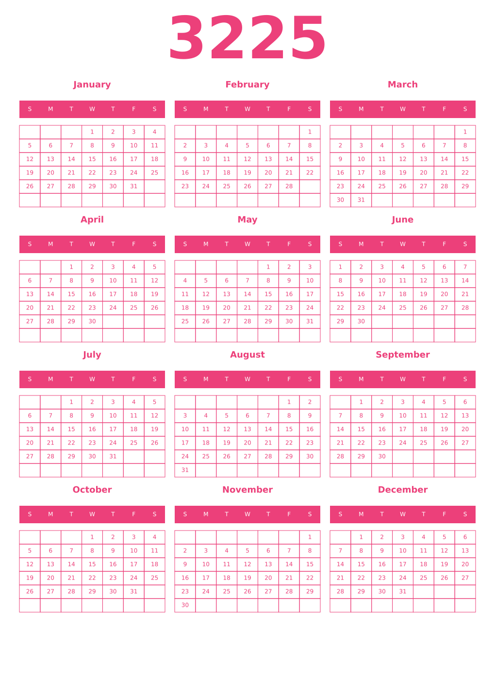 Printable 3225 Year Calendars pink