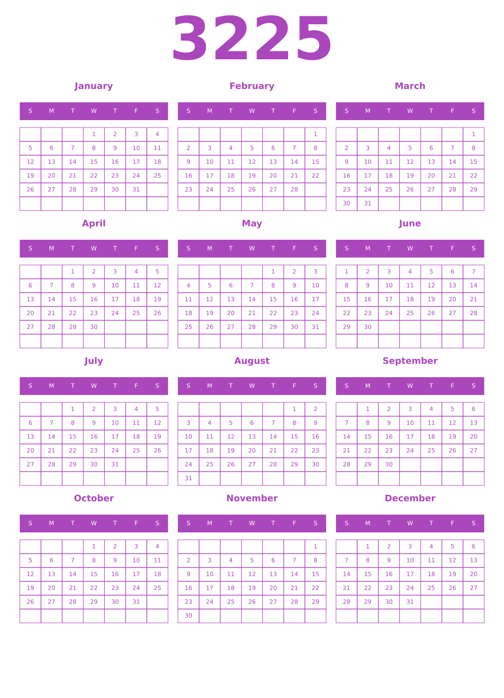 Printable 3225 Year Calendars purple