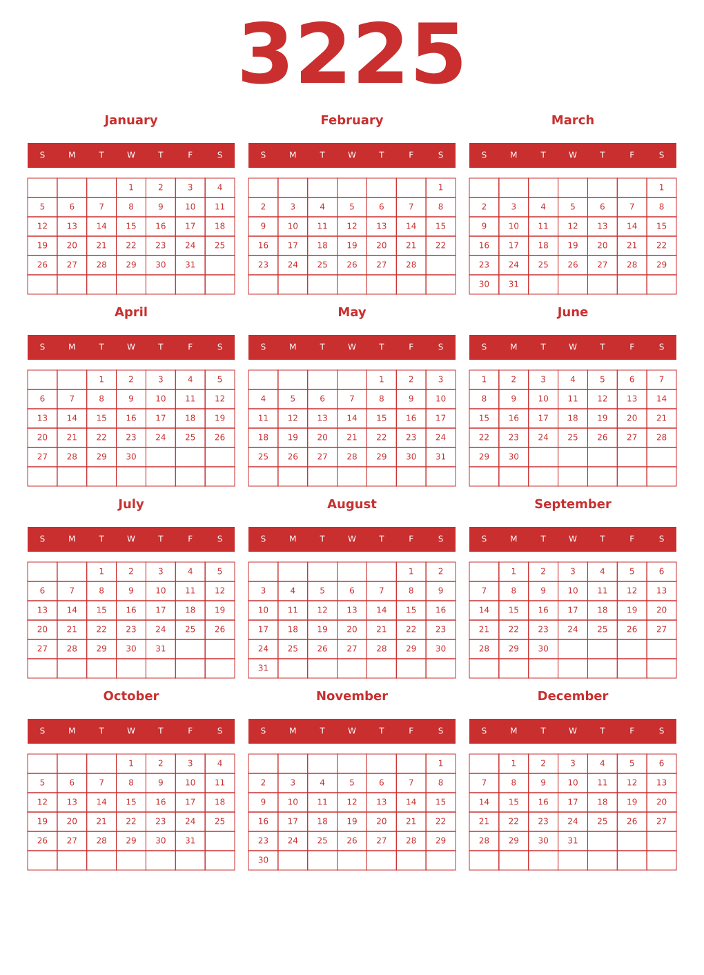Printable 3225 Year Calendars red