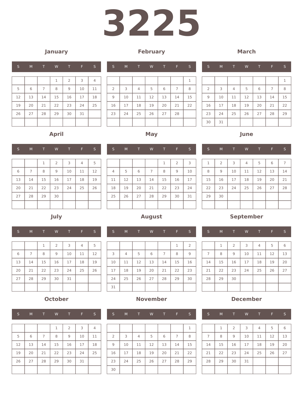 Printable 3225 Year Calendars wenge