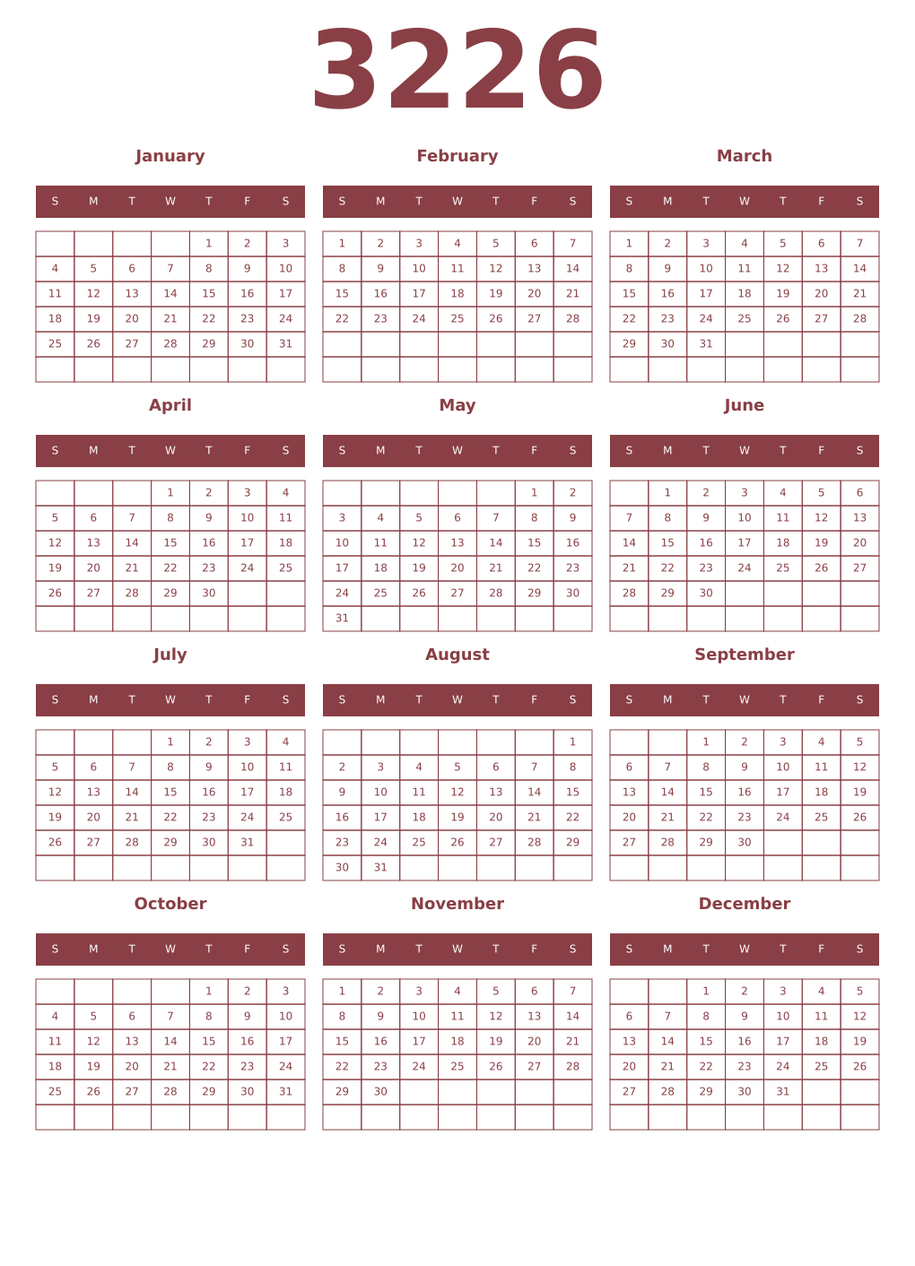 Printable 3226 Year Calendars cordovan