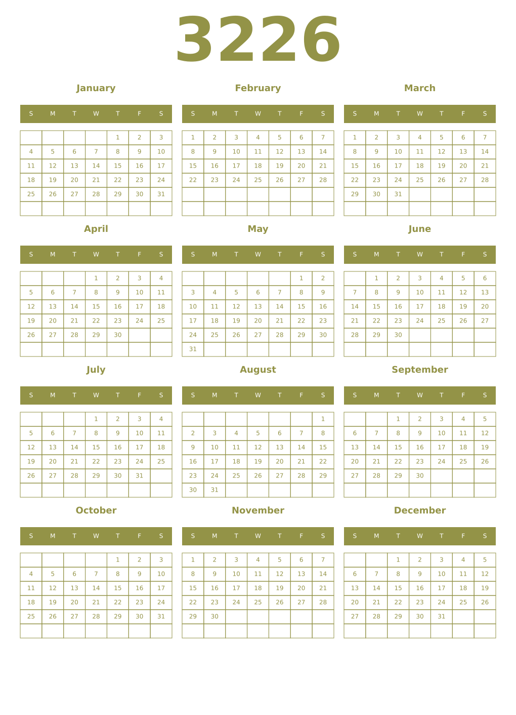 Printable 3226 Year Calendars eburnean
