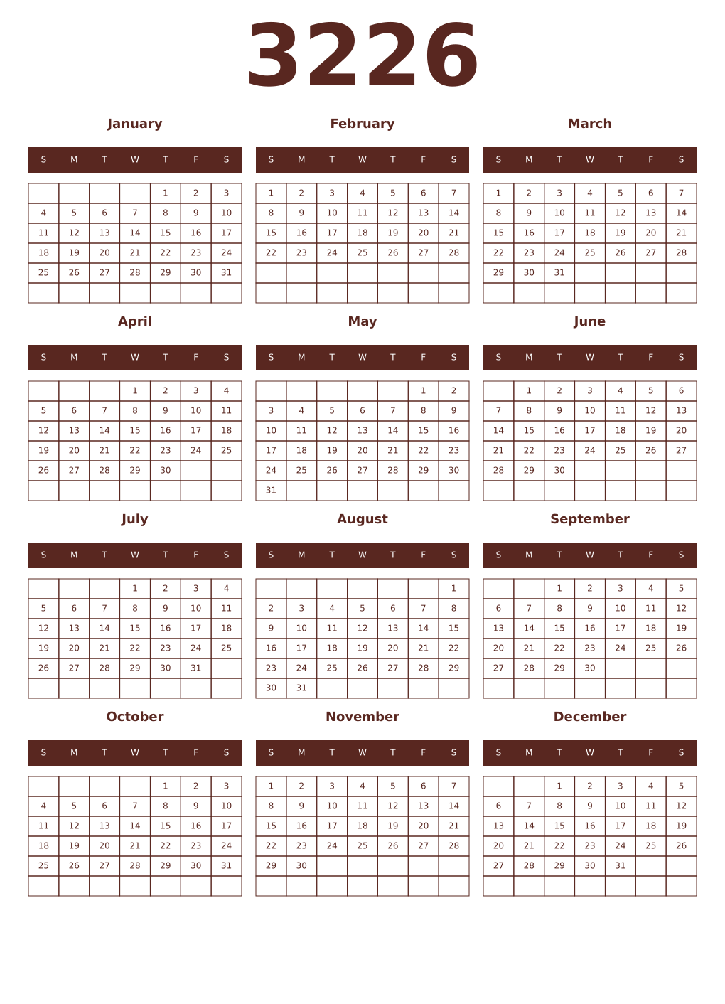 Printable 3226 Year Calendars mortuum