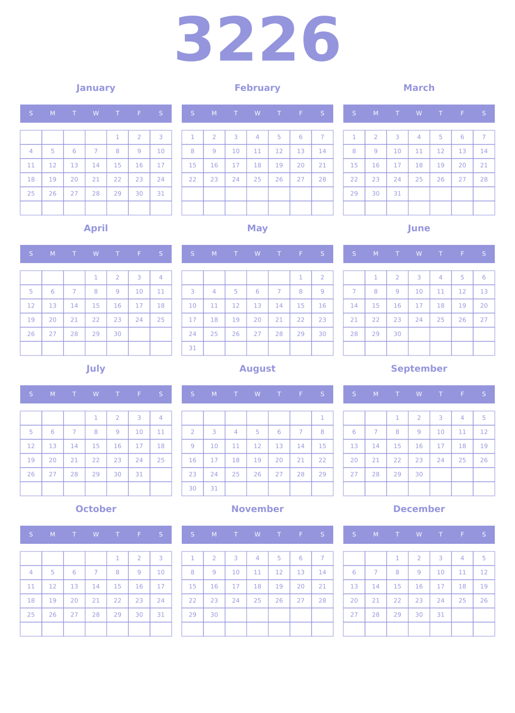 Printable 3226 Year Calendars periwinkle