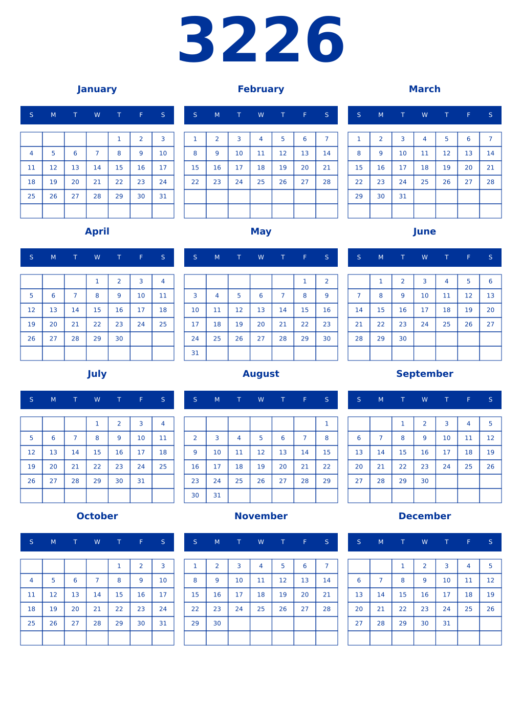 Printable 3226 Year Calendars smalt