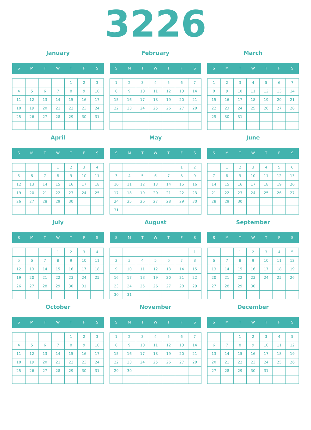 Printable 3226 Year Calendars verdigris