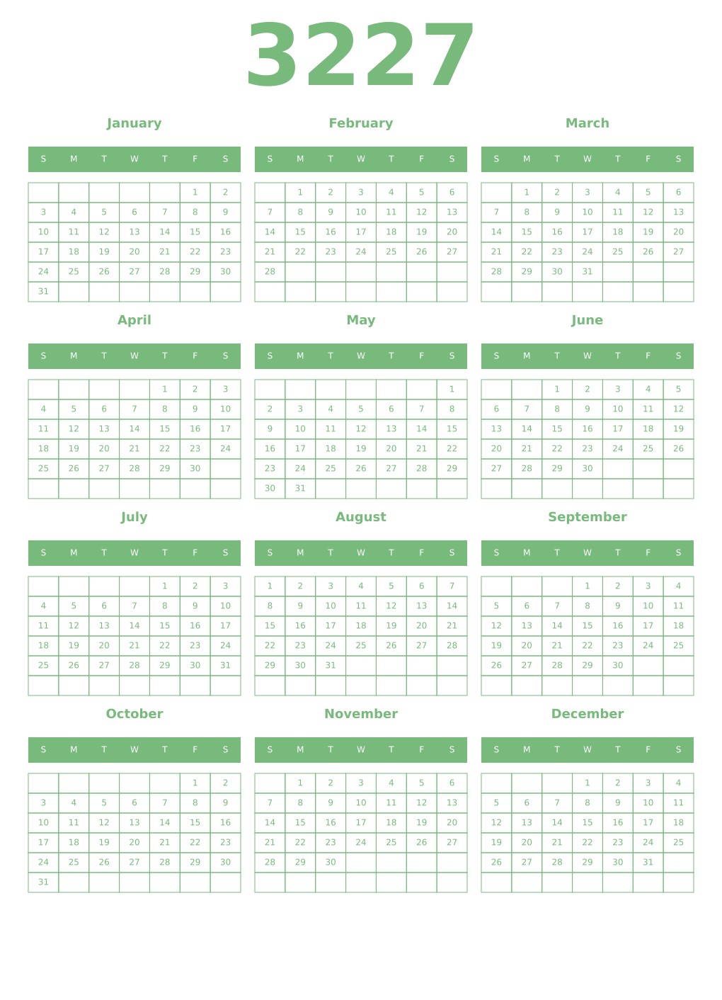 Printable 3227 Year Calendars celadon