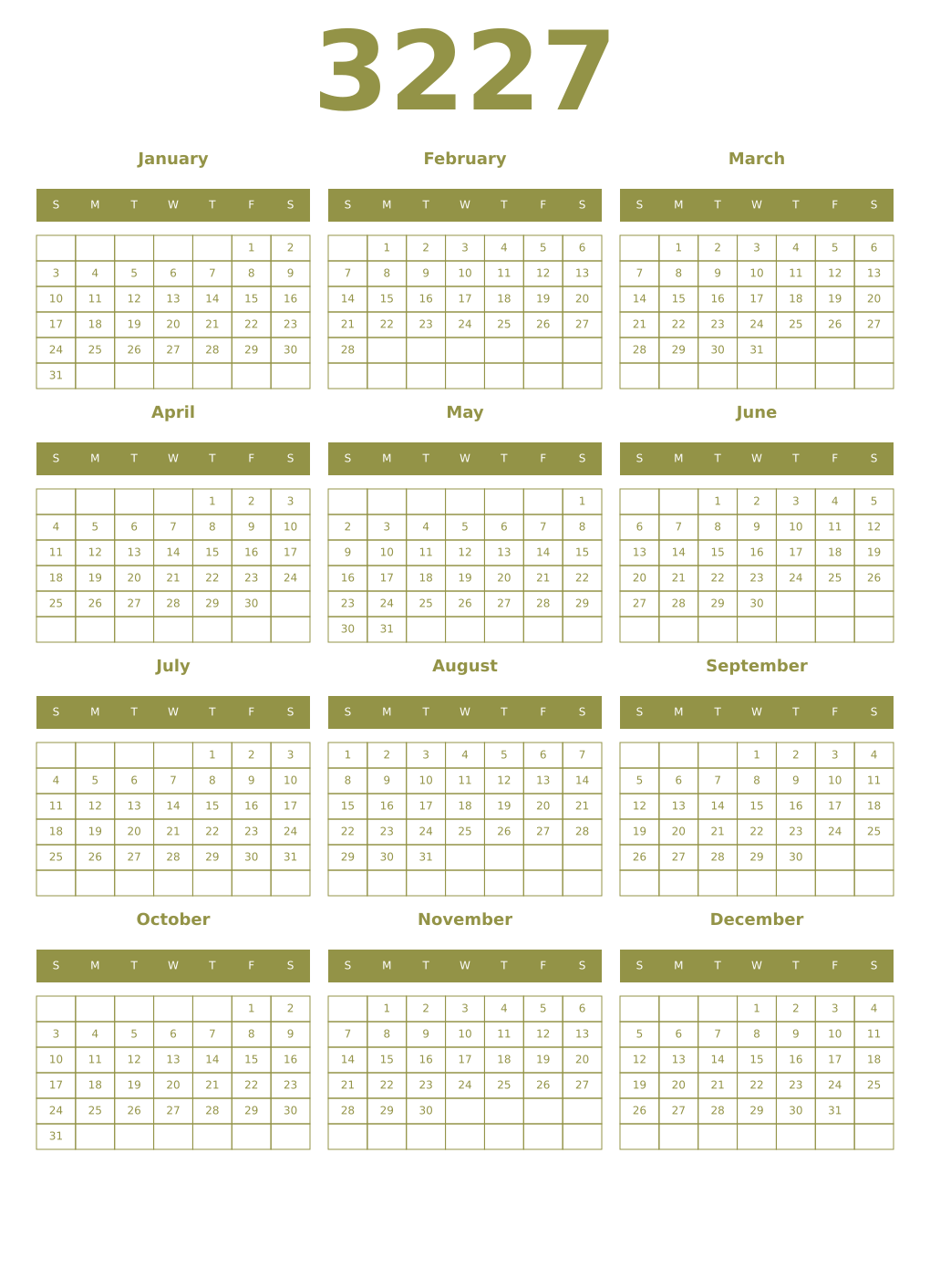 Printable 3227 Year Calendars eburnean