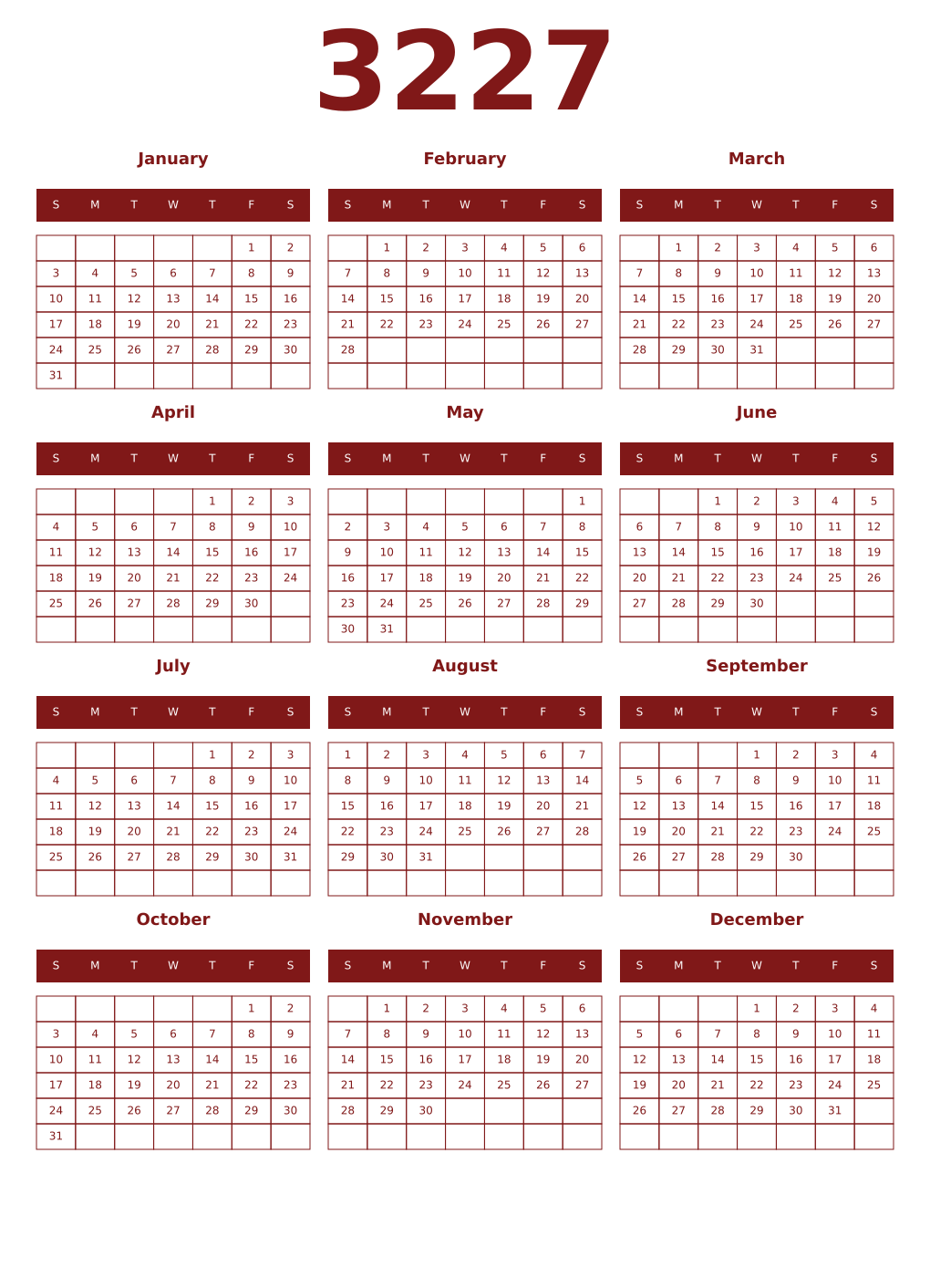 Printable 3227 Year Calendars falu