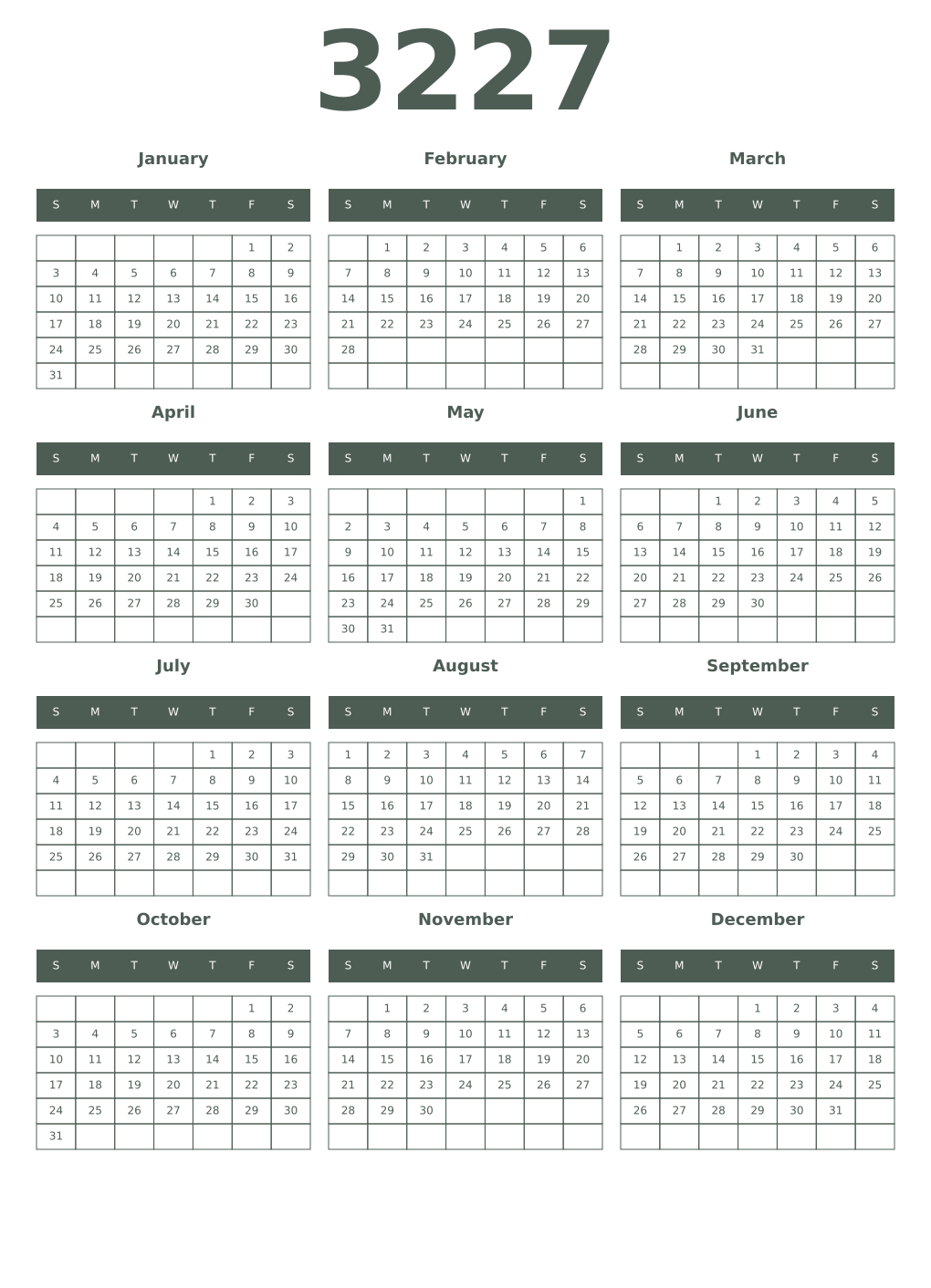 Printable 3227 Year Calendars feldgrau