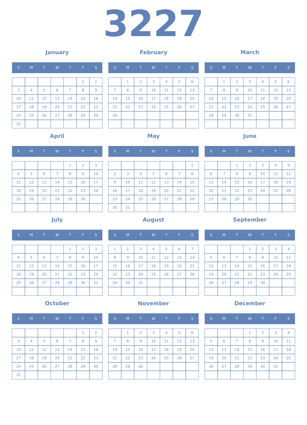 Printable 3227 Year Calendars glaucous