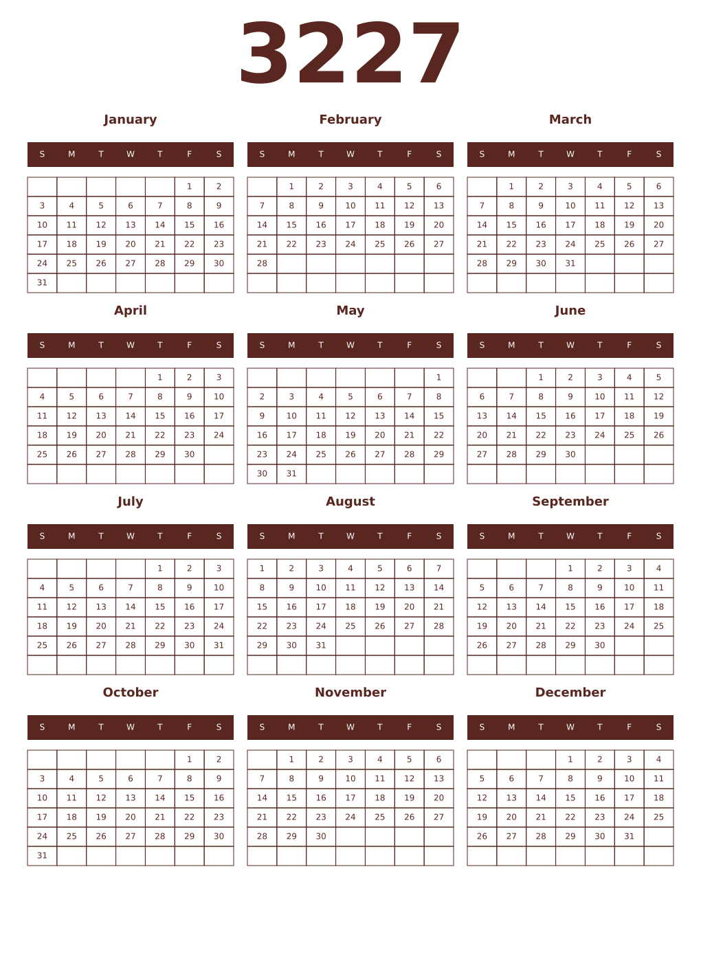 Printable 3227 Year Calendars mortuum