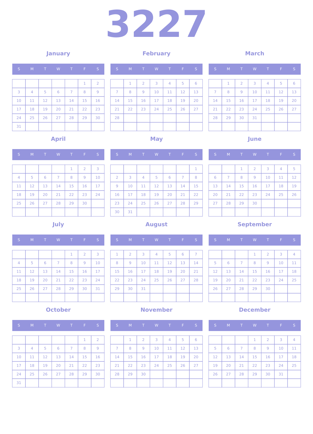Printable 3227 Year Calendars periwinkle