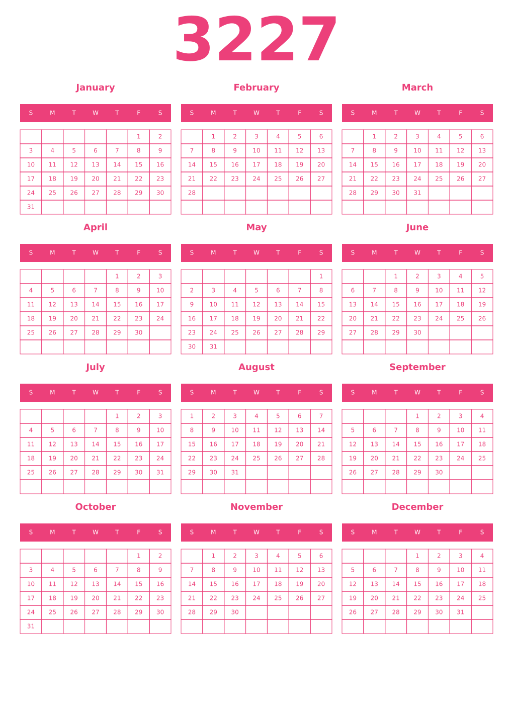 Printable 3227 Year Calendars pink