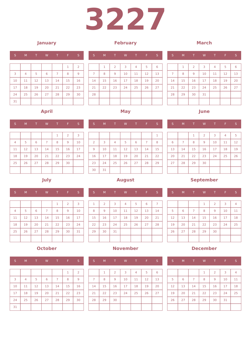 Printable 3227 Year Calendars puce