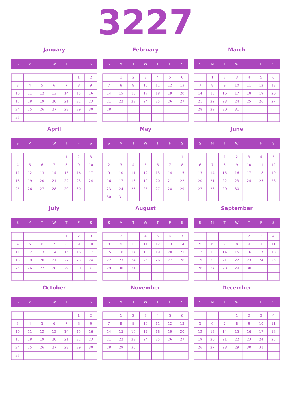 Printable 3227 Year Calendars purple