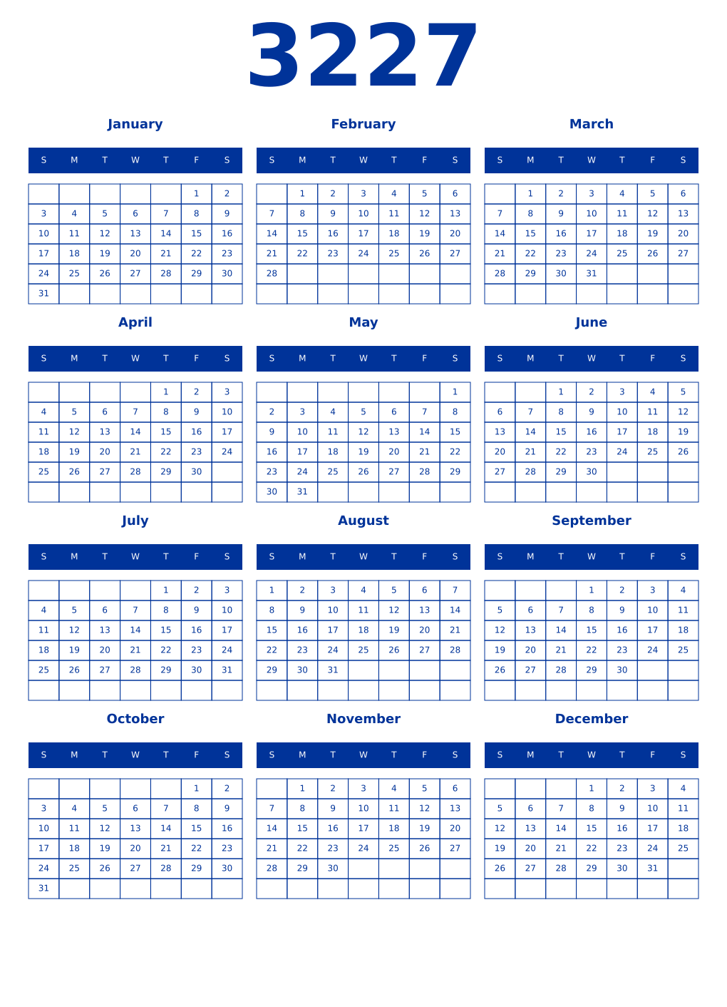 Printable 3227 Year Calendars smalt