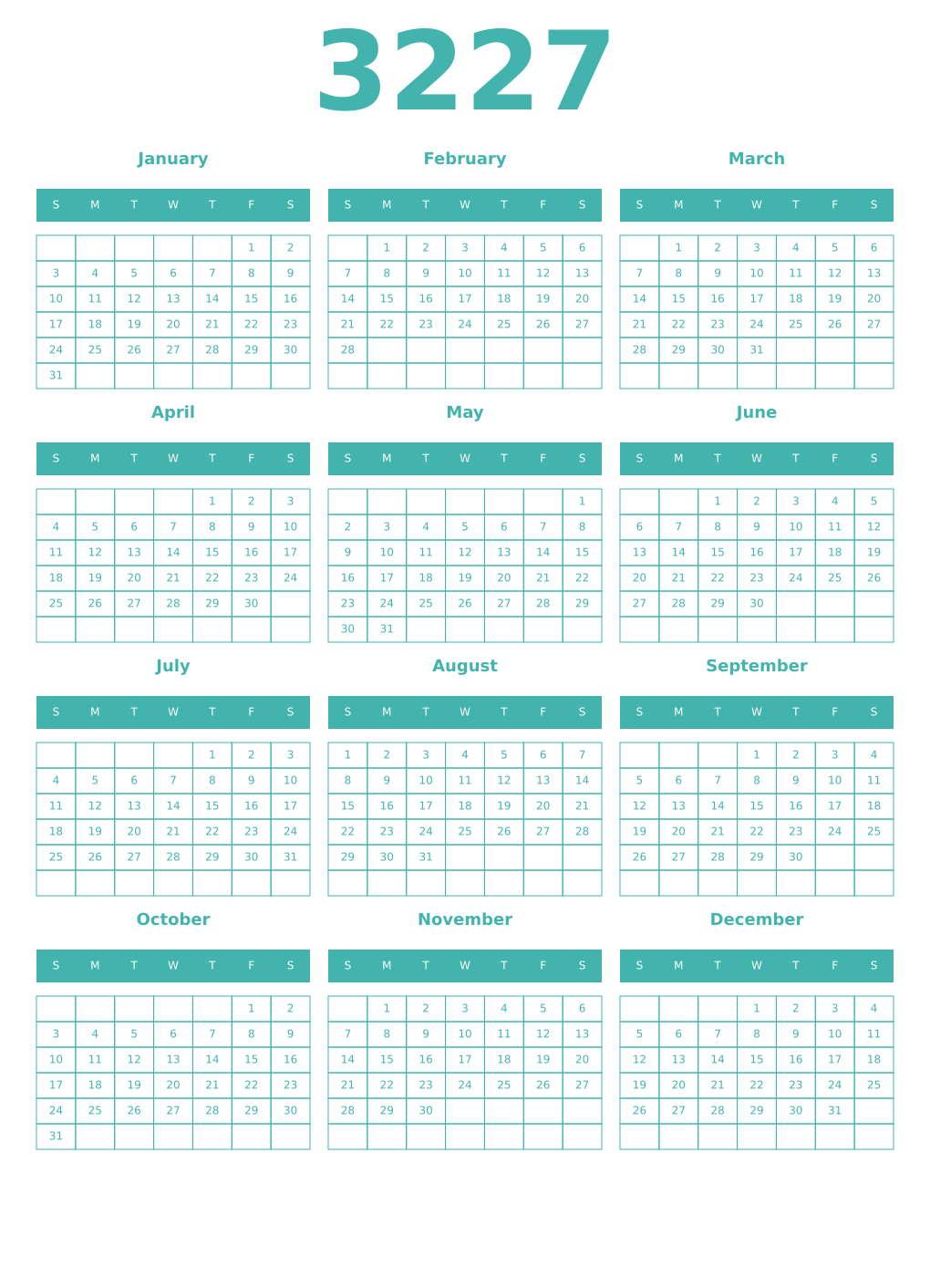 Printable 3227 Year Calendars verdigris