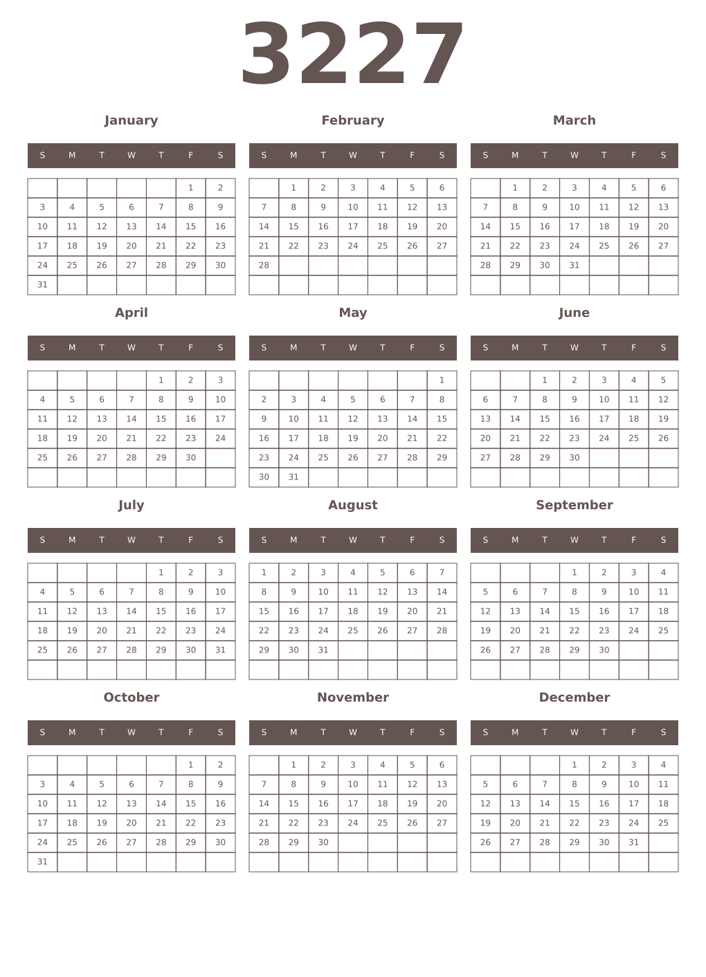 Printable 3227 Year Calendars wenge