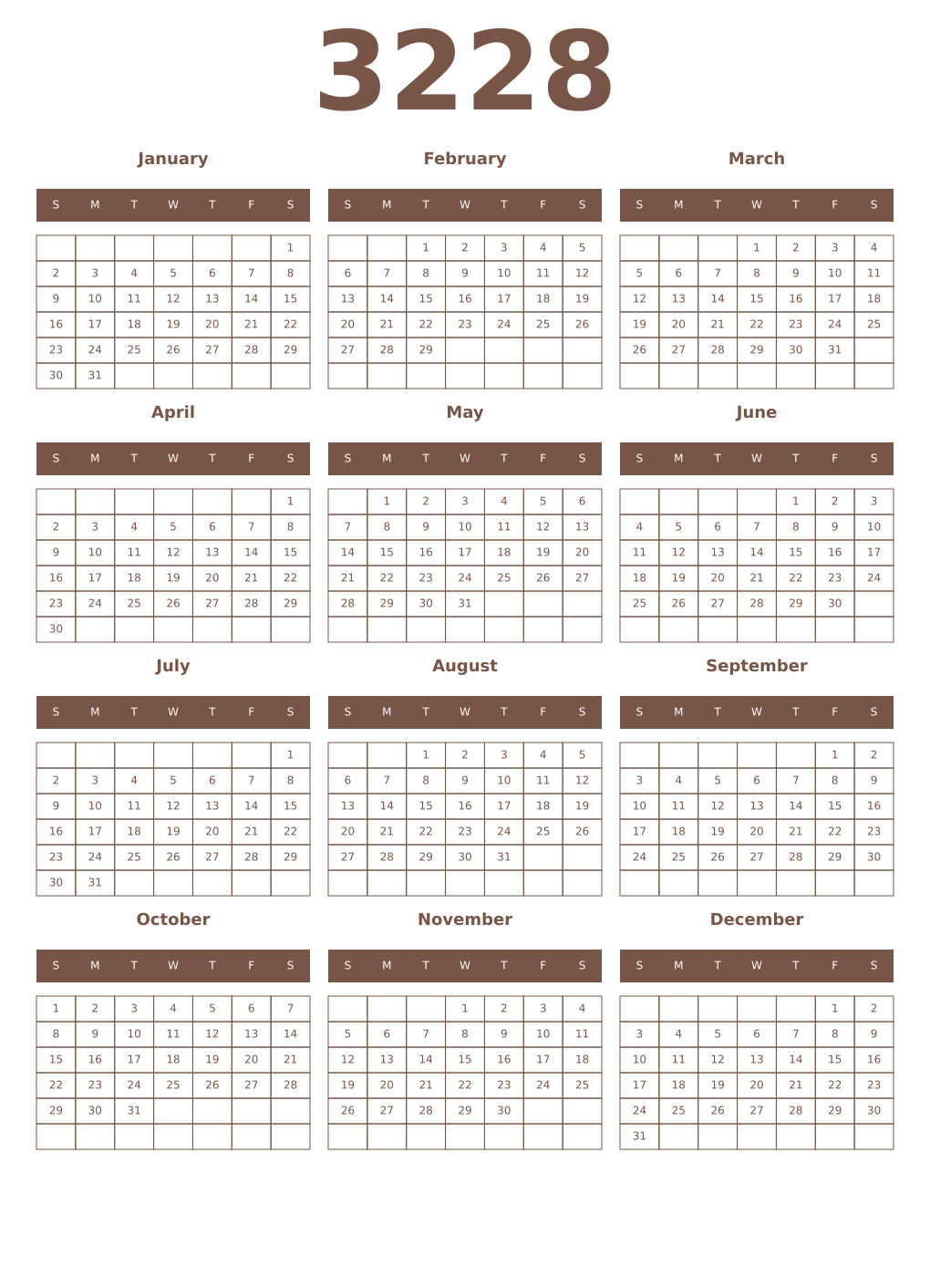 Printable 3228 Year Calendars coffe