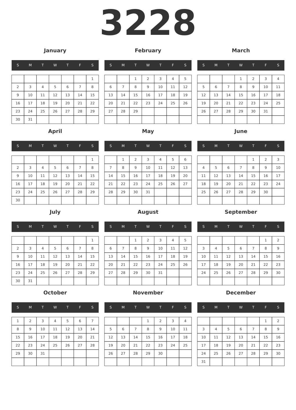 Printable 3228 Year Calendars dark