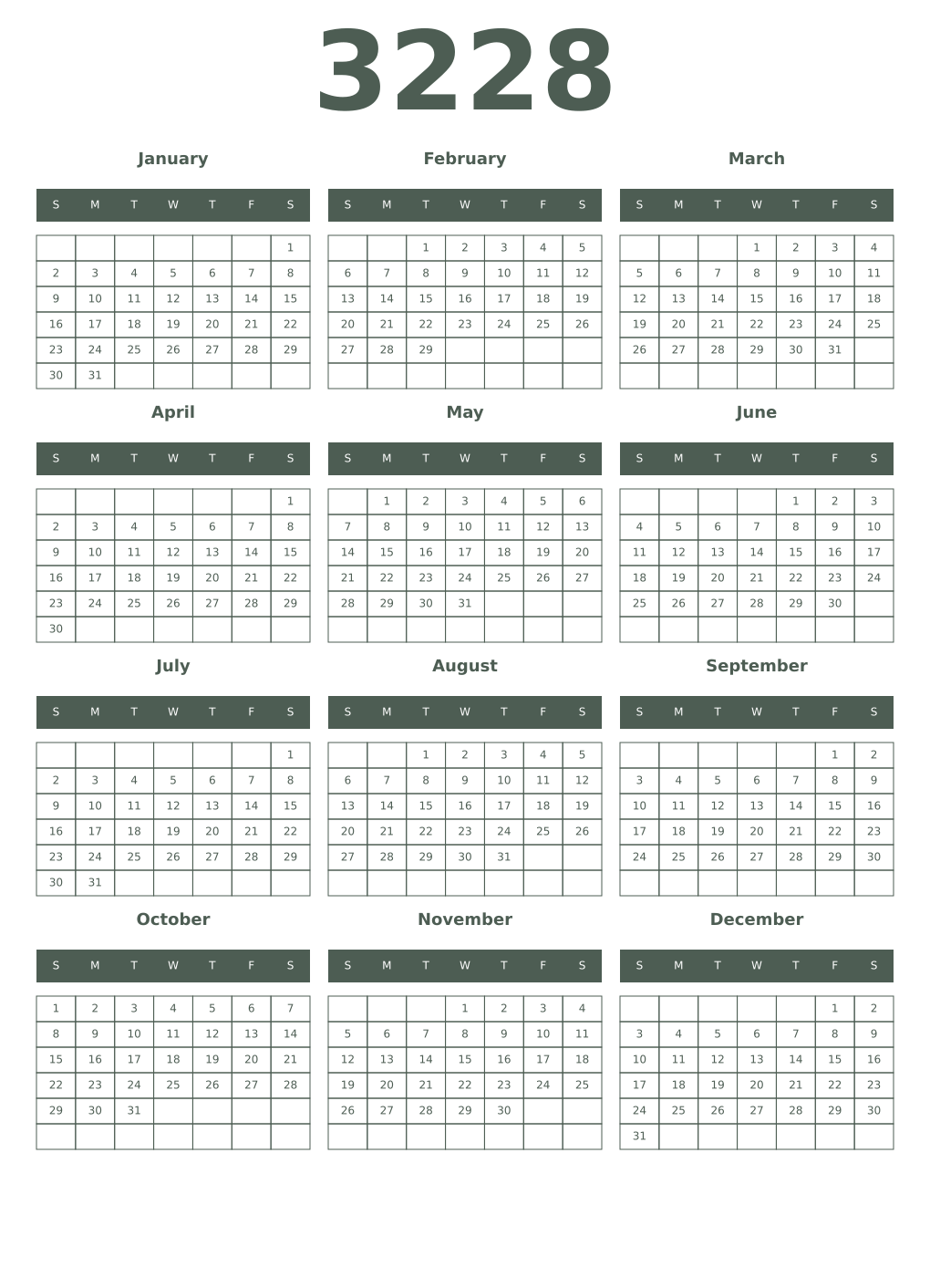 Printable 3228 Year Calendars feldgrau