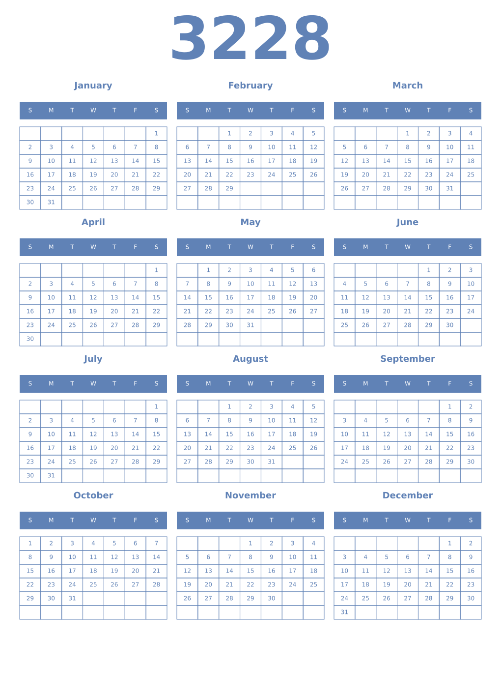 Printable 3228 Year Calendars glaucous