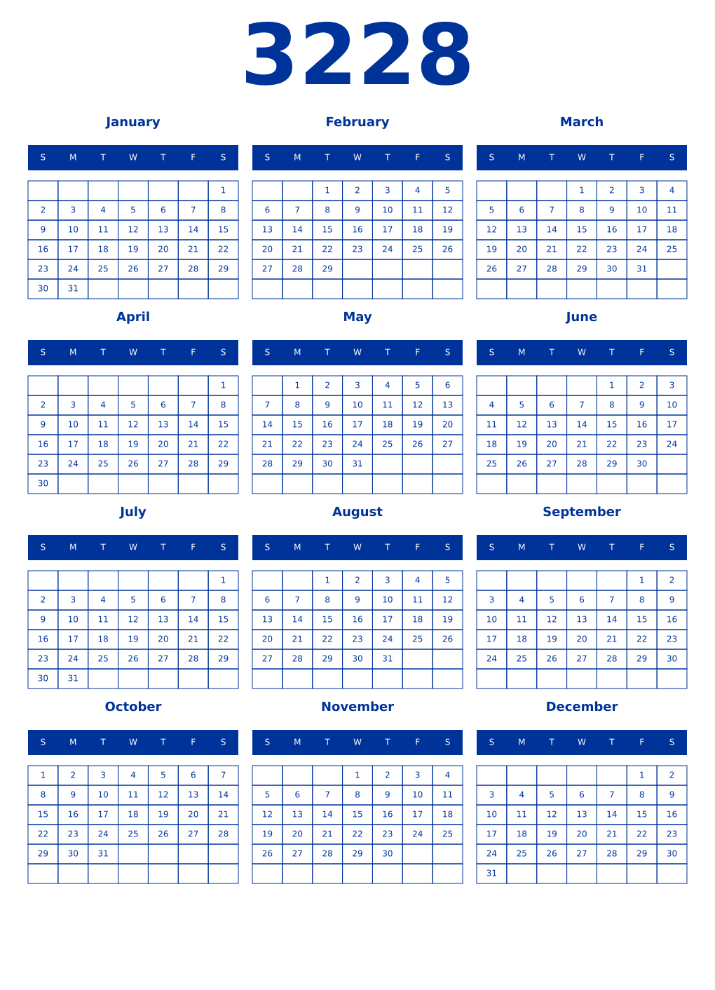 Printable 3228 Year Calendars smalt