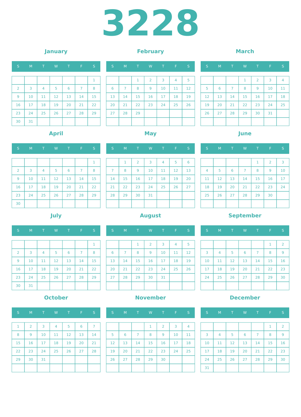 Printable 3228 Year Calendars verdigris